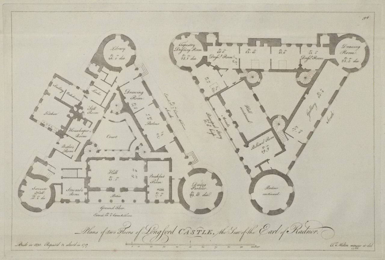 Antique Print Plans of two Floors of Longford Castle, the Seat of the Earl of Radnor.